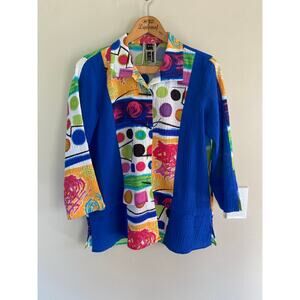 Ali Miles Top Shirt Blouse Medium Crinkle 3/4 Sleeve Colorful Abstract Toggle
